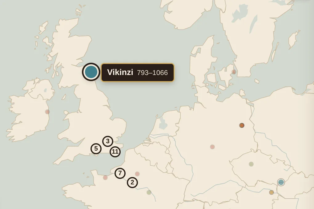 Mapa: epizoda Vikinzi označena na Lindisfarnu, sa numerisanim poglavljima