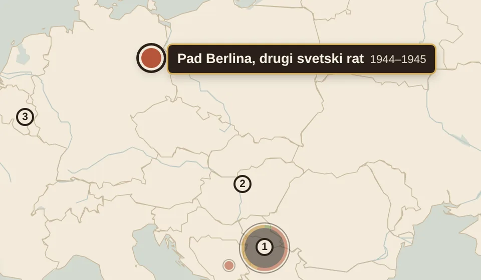 Mapa: oznaka epizode Pad Berlina i numerisana poglavlja po Evropi